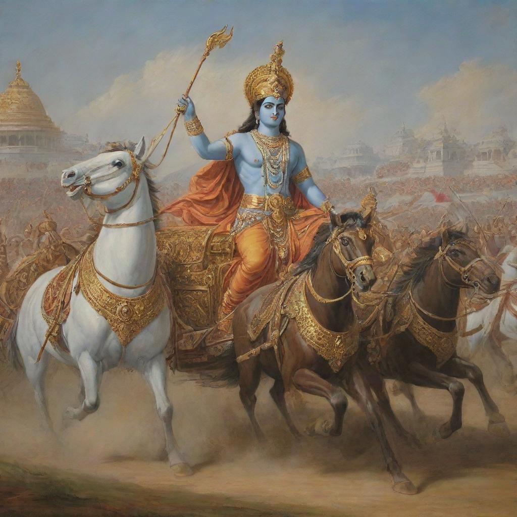 Lord Krishna from the epic Mahabharata, in an elegant charioteer attire, guiding the chariot of Arjuna, against the backdrop of the massive Kurukshetra war.