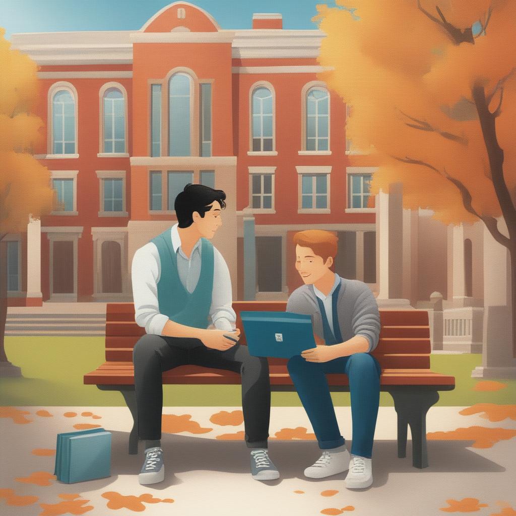 This high-quality illustration depicts two young white men with dark hair, the protagonist and 'A', seated on a bench on a vibrant college campus