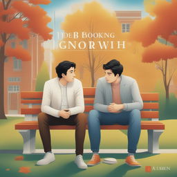 This high-quality illustration depicts two young white men with dark hair, the protagonist and 'A', seated on a bench on a vibrant college campus