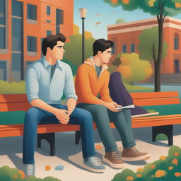 This high-quality illustration depicts two young white men with dark hair, the protagonist and 'A', seated on a bench on a vibrant college campus