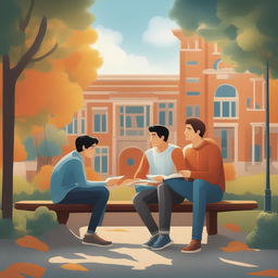 This high-quality illustration depicts two young white men with dark hair, the protagonist and 'A', seated on a bench on a vibrant college campus