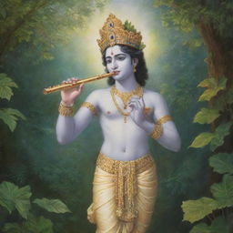 A radiant depiction of Shri Krishna, dressed in traditional attire, playing his divine flute, amidst the lush greenery of Vrindavan.