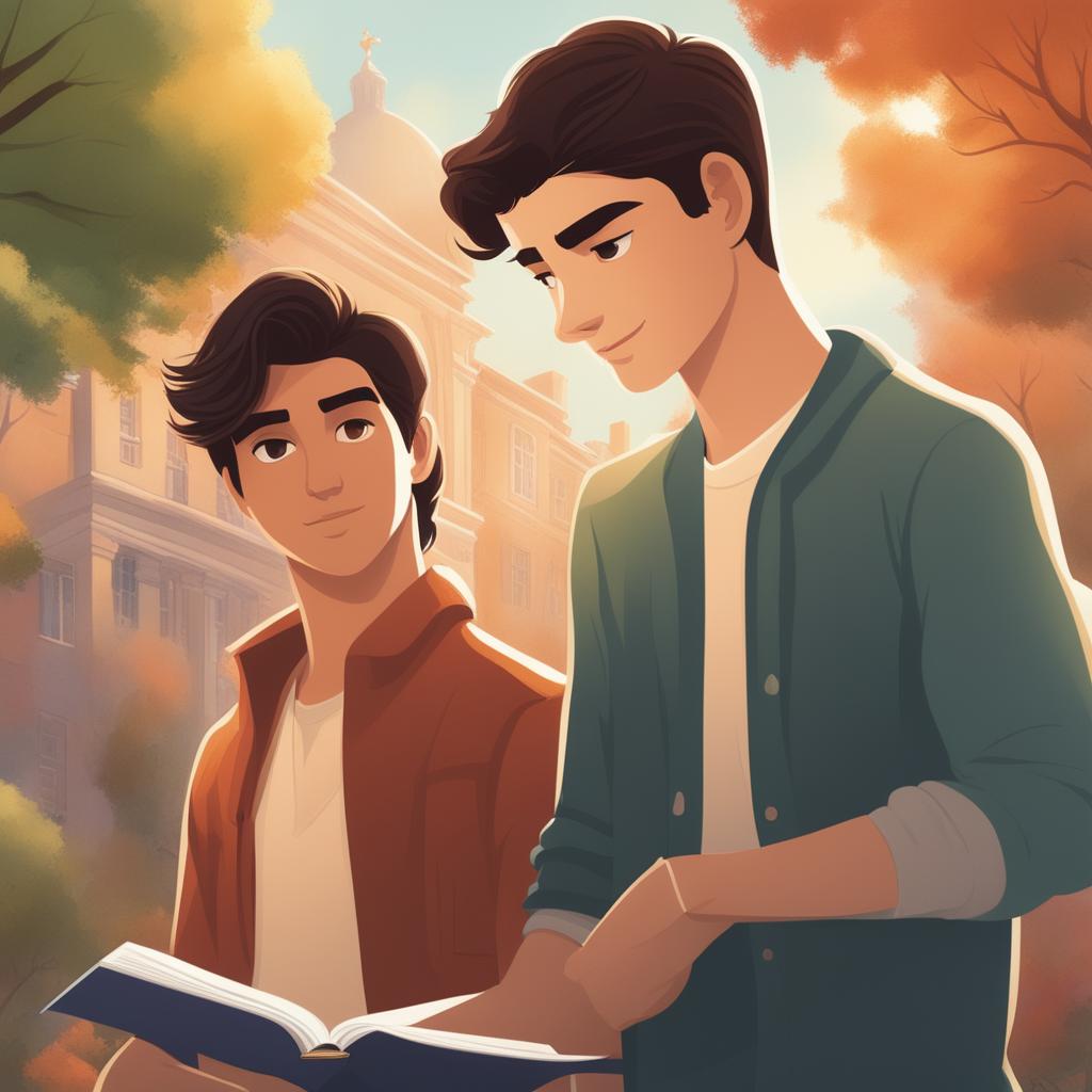 The illustration depicts two young white men with dark hair, the protagonist and 'A,' on a vibrant college campus