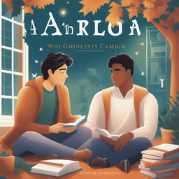 The illustration depicts two young white men with dark hair, the protagonist and 'A,' on a vibrant college campus