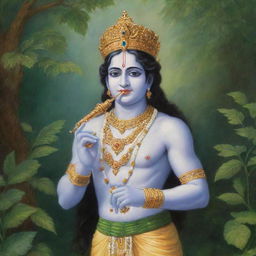 A radiant depiction of Shri Krishna, dressed in traditional attire, playing his divine flute, amidst the lush greenery of Vrindavan.