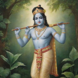 A radiant depiction of Shri Krishna, dressed in traditional attire, playing his divine flute, amidst the lush greenery of Vrindavan.