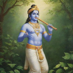 A radiant depiction of Shri Krishna, dressed in traditional attire, playing his divine flute, amidst the lush greenery of Vrindavan.