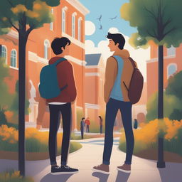 The illustration portrays two young white men with dark hair, the protagonist and 'A,' on a vibrant college campus