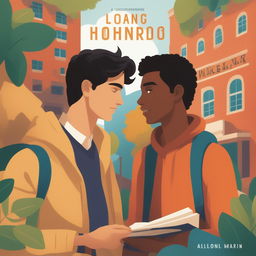 The illustration portrays two young white men with dark hair, the protagonist and 'A,' on a vibrant college campus