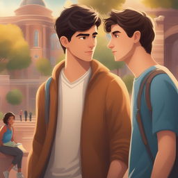 The illustration portrays two young white men with dark hair, the protagonist and 'A,' on a vibrant college campus