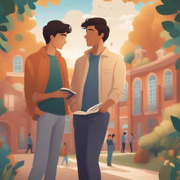The illustration portrays two young white men with dark hair, the protagonist and 'A,' on a vibrant college campus