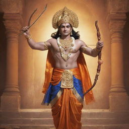 A majestic portrayal of Shri Ram, the epic hero of Ramayana, in royal attire, holding a bow and standing against the backdrop of Ayodhya, his divine kingdom.