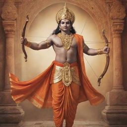 A majestic portrayal of Shri Ram, the epic hero of Ramayana, in royal attire, holding a bow and standing against the backdrop of Ayodhya, his divine kingdom.