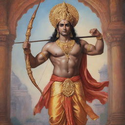 A majestic portrayal of Shri Ram, the epic hero of Ramayana, in royal attire, holding a bow and standing against the backdrop of Ayodhya, his divine kingdom.