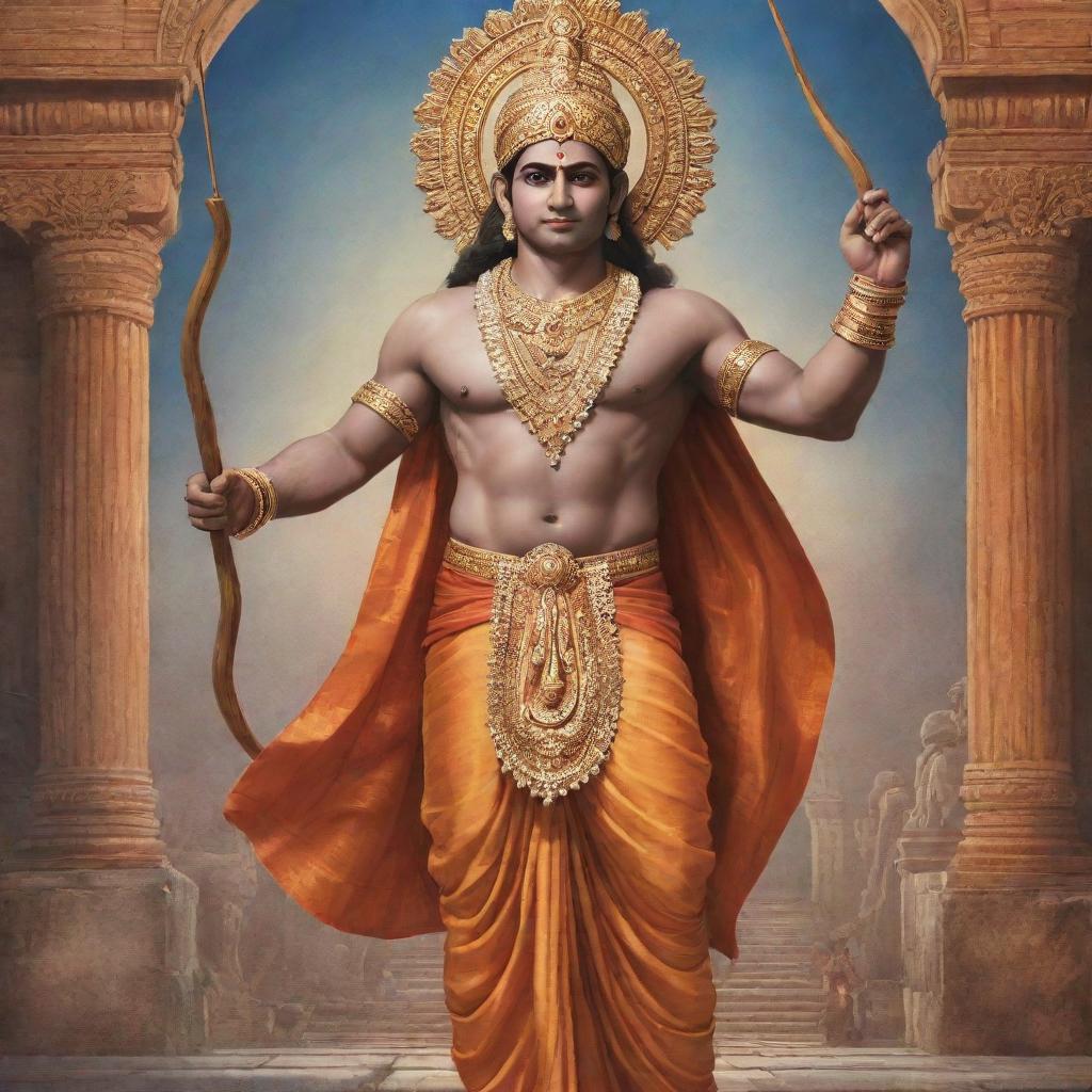 A majestic portrayal of Shri Ram, the epic hero of Ramayana, in royal attire, holding a bow and standing against the backdrop of Ayodhya, his divine kingdom.