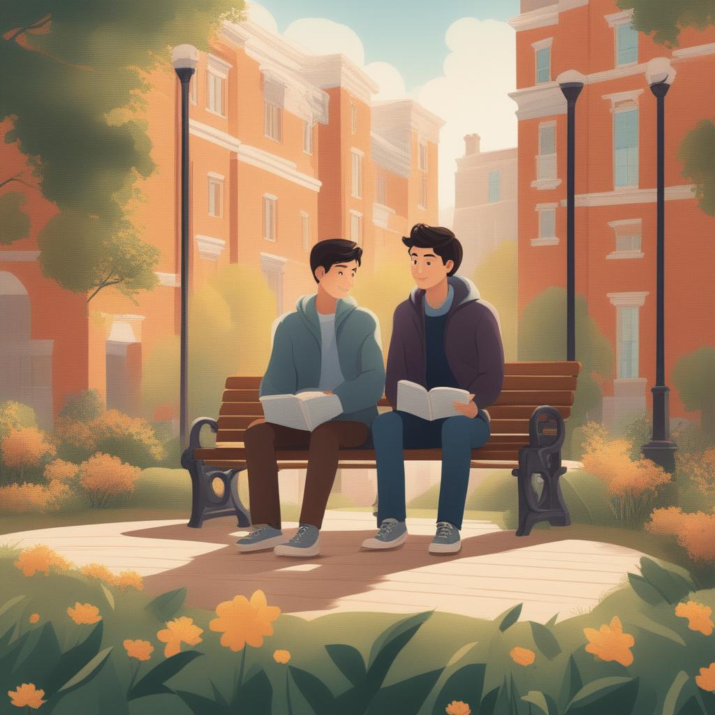 This high-quality illustration vividly depicts two young white men with dark hair, the protagonist and 'A,' seated closely together on a bench within a vibrant college campus