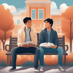 This high-quality illustration vividly depicts two young white men with dark hair, the protagonist and 'A,' seated closely together on a bench within a vibrant college campus