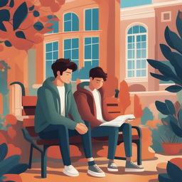This high-quality illustration vividly depicts two young white men with dark hair, the protagonist and 'A,' seated closely together on a bench within a vibrant college campus