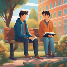 This high-quality illustration vividly depicts two young white men with dark hair, the protagonist and 'A,' seated closely together on a bench within a vibrant college campus