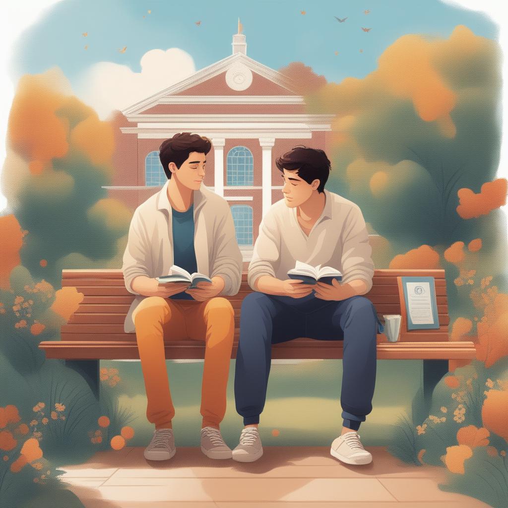 This high-quality illustration vividly depicts two young white men with dark hair, the protagonist and 'A,' seated closely together on a bench within a vibrant college campus
