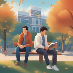 This high-quality illustration vividly depicts two young white men with dark hair, the protagonist and 'A,' seated closely together on a bench within a vibrant college campus