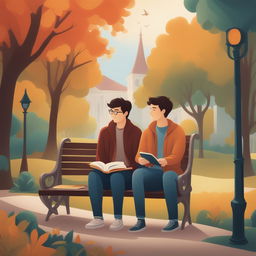 This high-quality illustration vividly depicts two young white men with dark hair, the protagonist and 'A,' seated closely together on a bench within a vibrant college campus