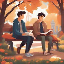 This high-quality illustration vividly depicts two young white men with dark hair, the protagonist and 'A,' seated closely together on a bench within a vibrant college campus