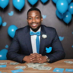 A successful entrepreneur, known as the 'sky money boss', celebrating their milestone of 1000 Twitter followers. Features include a festive atmosphere and references to social media and successful entrepreneurship.