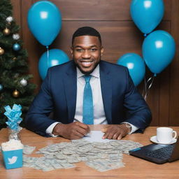 A successful entrepreneur, known as the 'sky money boss', celebrating their milestone of 1000 Twitter followers. Features include a festive atmosphere and references to social media and successful entrepreneurship.