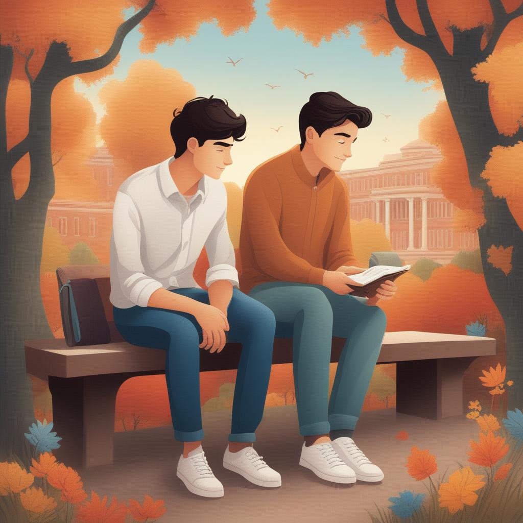 This high-quality illustration vividly depicts two young white men with dark hair, the protagonist and 'A,' seated closely together on a bench within a vibrant college campus