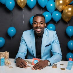 A successful entrepreneur, known as the 'sky money boss', celebrating their milestone of 1000 Twitter followers. Features include a festive atmosphere and references to social media and successful entrepreneurship.