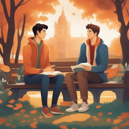 This high-quality illustration vividly depicts two young white men with dark hair, the protagonist and 'A,' seated closely together on a bench within a vibrant college campus