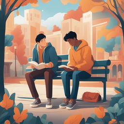 This high-quality illustration vividly depicts two young white men with dark hair, the protagonist and 'A,' seated closely together on a bench within a vibrant college campus