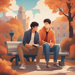 This high-quality illustration vividly depicts two young white men with dark hair, the protagonist and 'A,' seated closely together on a bench within a vibrant college campus