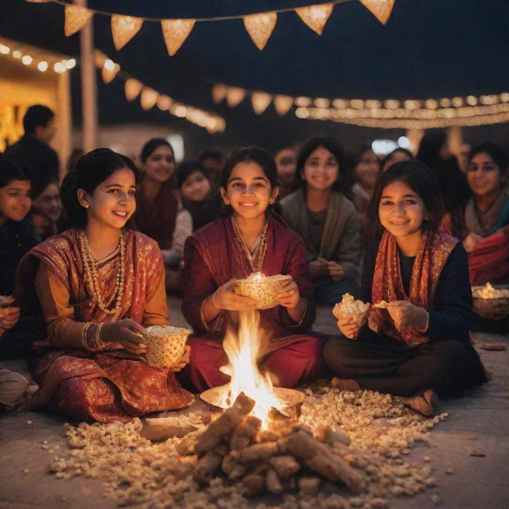 An Instagram-sized image of kids joyfully celebrating Lohri around a bonfire, adorned in traditional Indian clothing, holding popcorn and sesame seed sweets, with a backdrop of flyers and city lights.