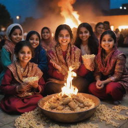 An Instagram-sized image of kids joyfully celebrating Lohri around a bonfire, adorned in traditional Indian clothing, holding popcorn and sesame seed sweets, with a backdrop of flyers and city lights.