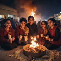 An Instagram-sized image of kids joyfully celebrating Lohri around a bonfire, adorned in traditional Indian clothing, holding popcorn and sesame seed sweets, with a backdrop of flyers and city lights.