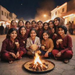 An Instagram-sized image of kids joyfully celebrating Lohri around a bonfire, adorned in traditional Indian clothing, holding popcorn and sesame seed sweets, with a backdrop of flyers and city lights.