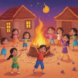 A cartoon-style Instagram post featuring joyous kids celebrating the Lohri festival. They are animatedly dancing around a bonfire, holding traditional sweets and popcorn, all set against a vibrant evening backdrop.