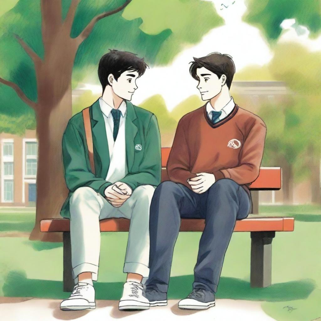 This is a high-quality illustration depicting two young white men with dark hair, the protagonist and 'A,' seated closely on a bench within the vibrant campus setting
