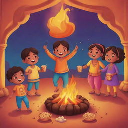 A cartoon-style Instagram post featuring joyous kids celebrating the Lohri festival. They are animatedly dancing around a bonfire, holding traditional sweets and popcorn, all set against a vibrant evening backdrop.