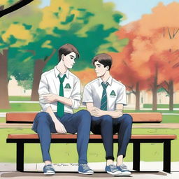 This is a high-quality illustration depicting two young white men with dark hair, the protagonist and 'A,' seated closely on a bench within the vibrant campus setting