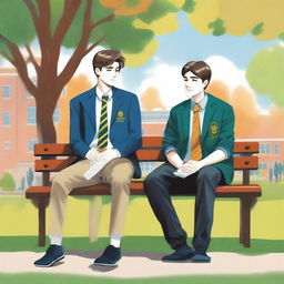 This is a high-quality illustration depicting two young white men with dark hair, the protagonist and 'A,' seated closely on a bench within the vibrant campus setting