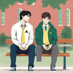 This is a high-quality illustration depicting two young white men with dark hair, the protagonist and 'A,' seated closely on a bench within the vibrant campus setting