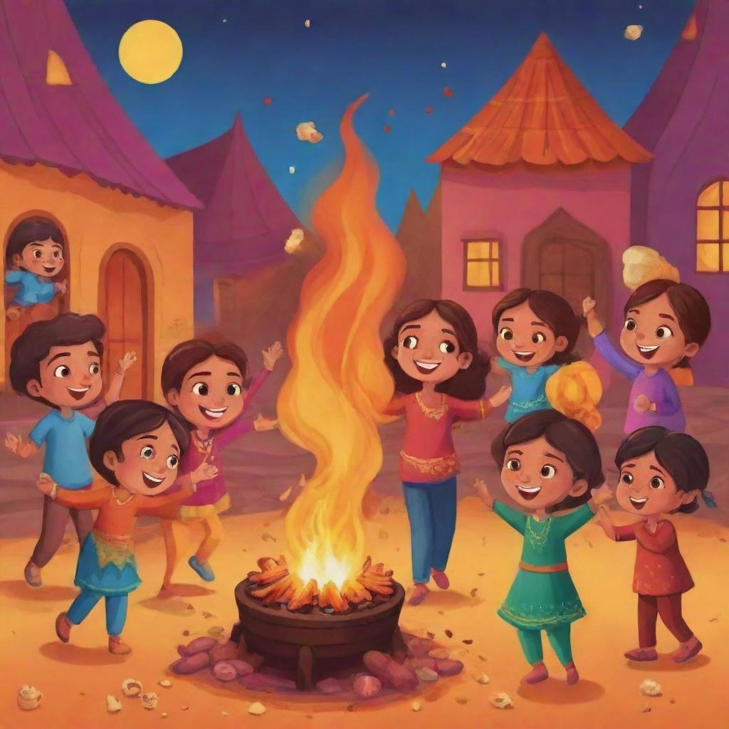 A cartoon-style Instagram post featuring joyous kids celebrating the Lohri festival. They are animatedly dancing around a bonfire, holding traditional sweets and popcorn, all set against a vibrant evening backdrop.