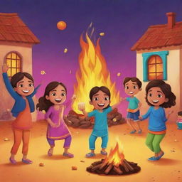 A cartoon-style Instagram post featuring joyous kids celebrating the Lohri festival. They are animatedly dancing around a bonfire, holding traditional sweets and popcorn, all set against a vibrant evening backdrop.