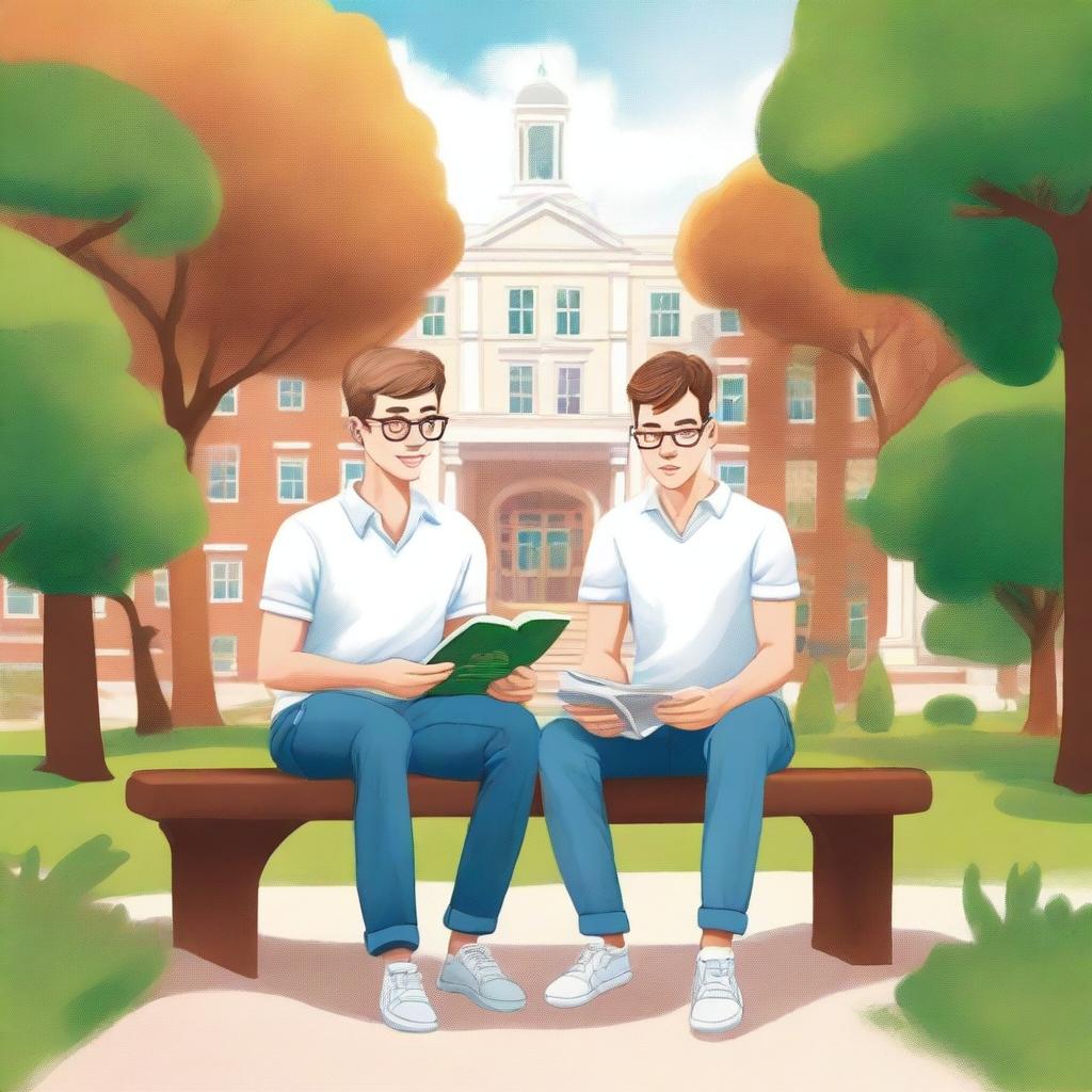 In this high-quality illustration, two young white men, one wearing eyeglasses, are depicted sitting on a bench within a lively campus setting