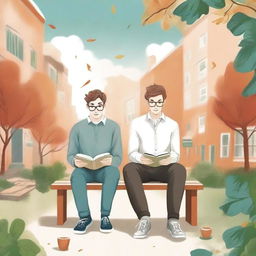 In this high-quality illustration, two young white men, one wearing eyeglasses, are depicted sitting on a bench within a lively campus setting