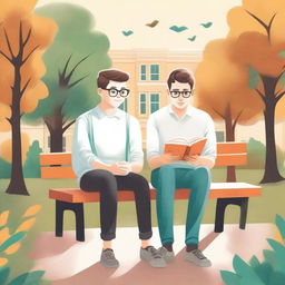 In this high-quality illustration, two young white men, one wearing eyeglasses, are depicted sitting on a bench within a lively campus setting