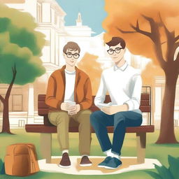 In this high-quality illustration, two young white men, one wearing eyeglasses, are depicted sitting on a bench within a lively campus setting